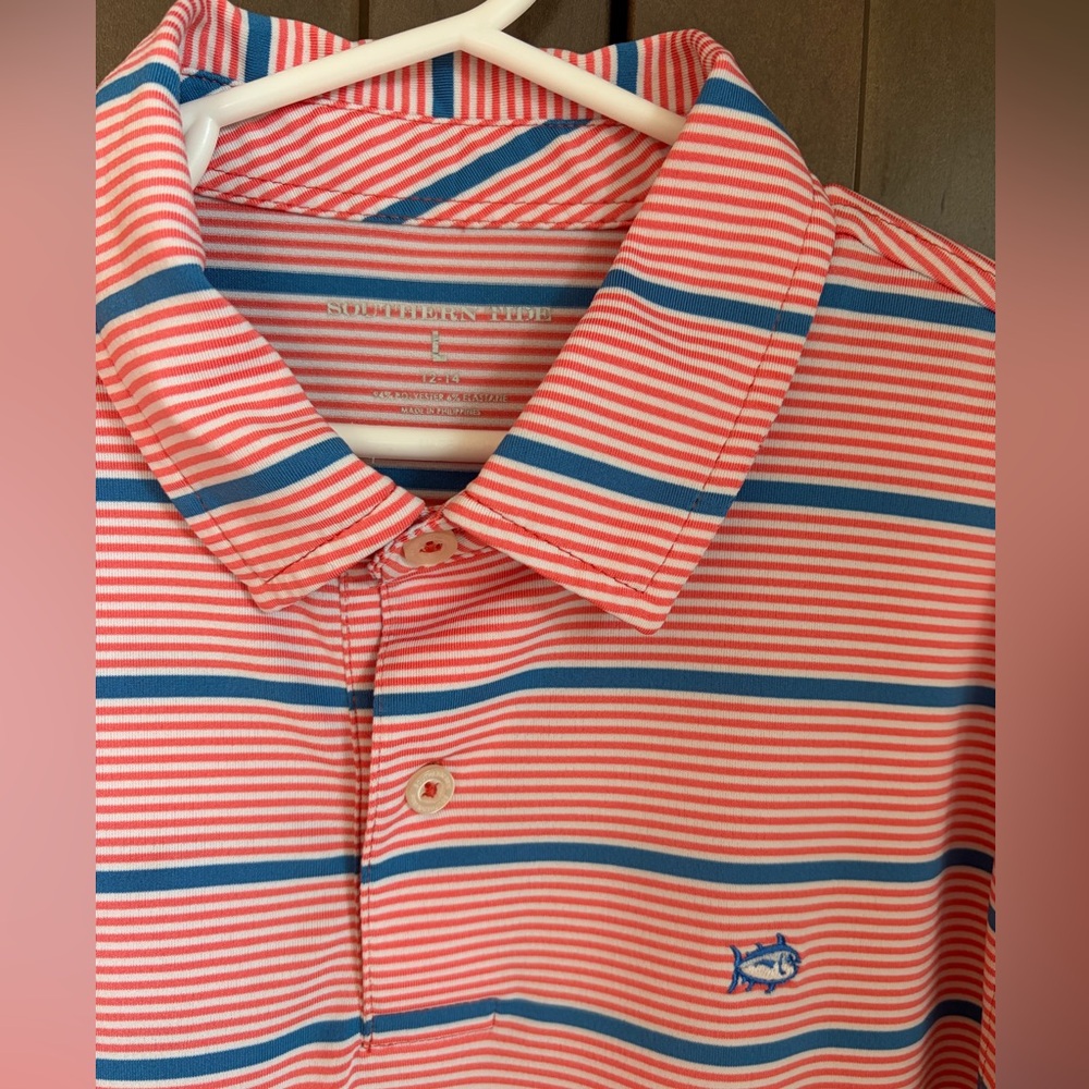 EUC Boys Southern Tide Performance Polo size Large - Orange/blue striped